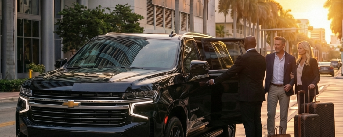 Professional chauffeur with luxury SUV providing Miami limo service – VIP Mega Limo